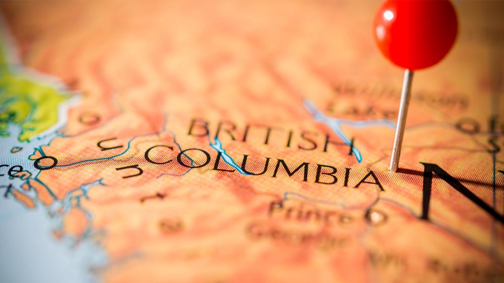 A map of British Columbia with a pin in it