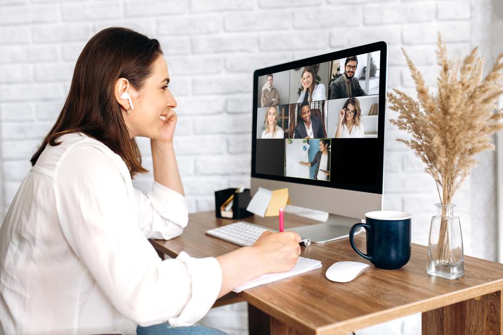 A young woman uses a video call for business networking