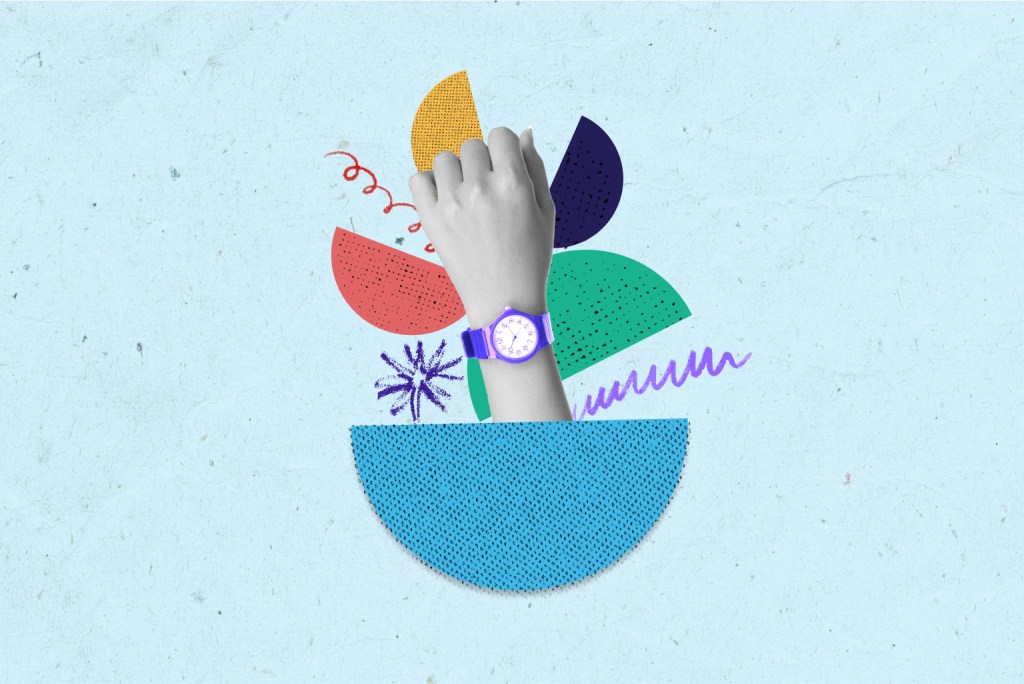 A hand wearing a watch rises up from an ullustrated background