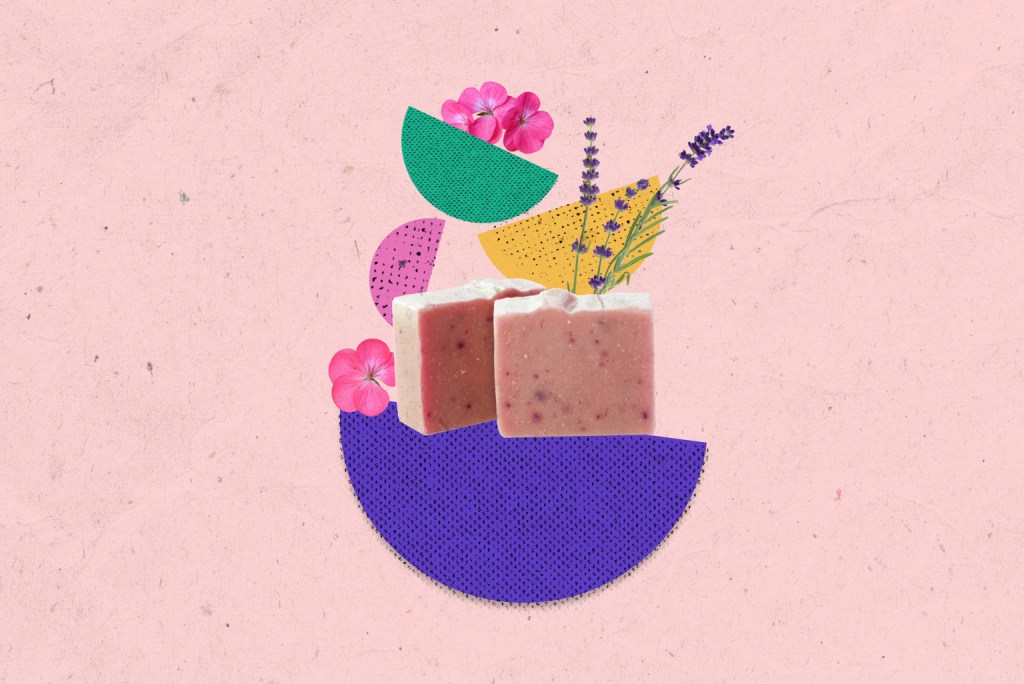 An illustration with two bars of soap in the middle of a floral background