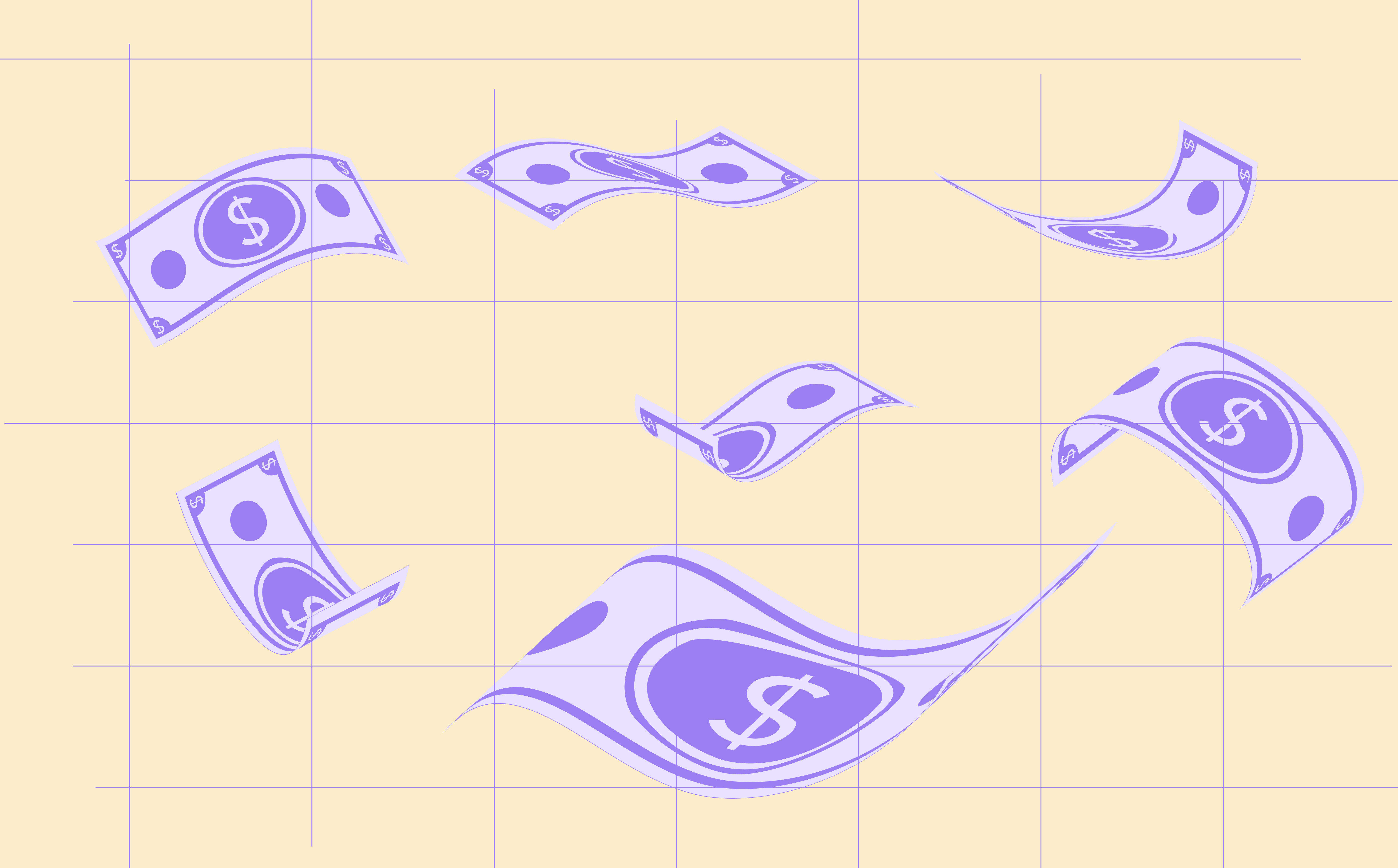An image of purple money falling against a yellow background with a grid